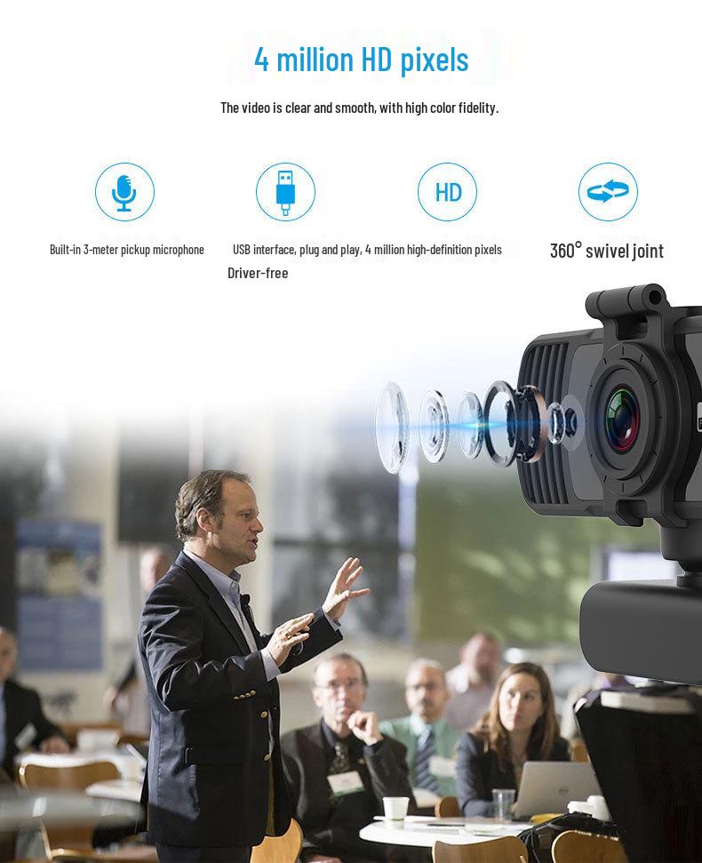 2K HD 1080p веб-камера со встроенным микрофоном, 4 МП, не требует драйверов для прямой трансляции