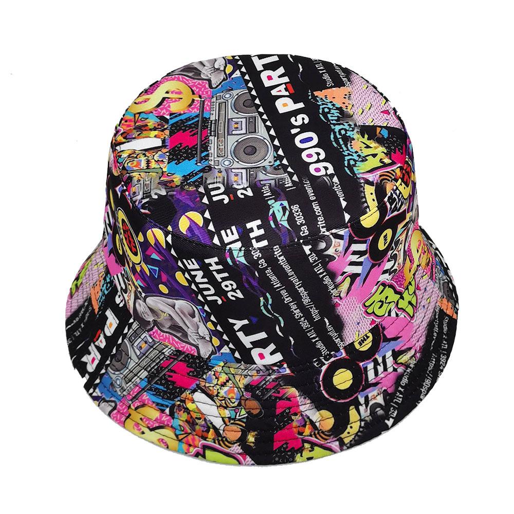 Spring/Summer Nostalgic Tape Print Bucket Hat Classic Reversible Graffiti Fisherman Cap Unisex Outdoor Sunshade Fishing Hat