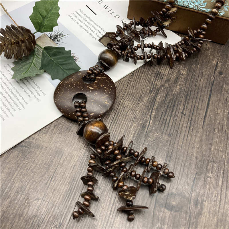 Коричневые украшения винтажный этнический стиль деревянный хлопок и лен стиль круглый бисер цепочка длинное ожерелье