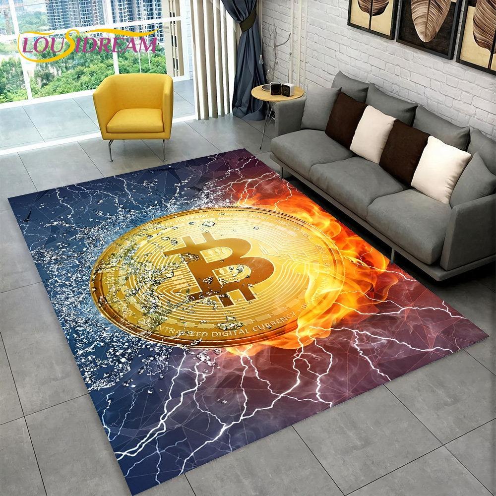 3D Bitcoin Virtual Currency Area Rug Large Carpet Rug for Living Room Bedroom Sofa Playroom Doormat Decor Kid Non-slip Floor Mat