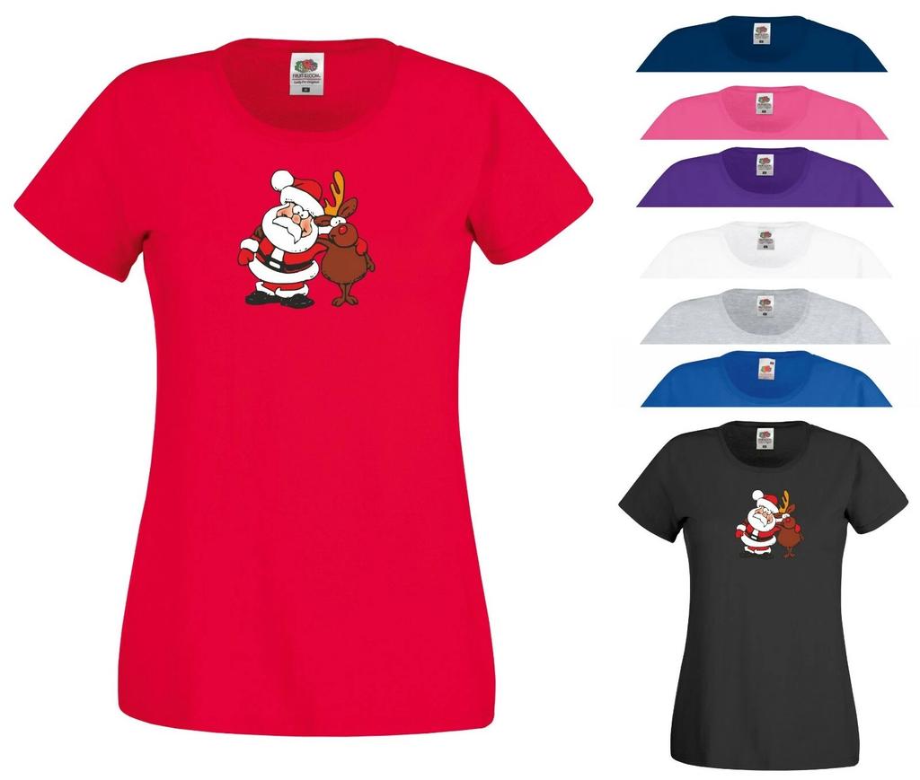 Santa Claus Rudolph T Shirt Red Nose Reindeer Christmas Xmas Gift Women Tee Top