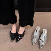 2024 Тонкий каблук Bling сексуальные женские тапочки мюли туфли платье вечерние сандалии летние шлепанцы повседневные дизайнерские роскошные серебристо-черные
