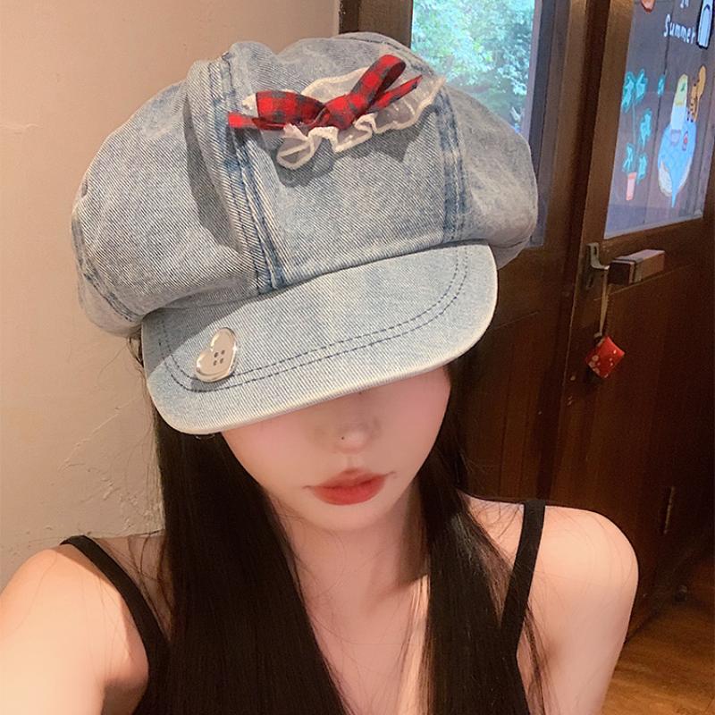 Y2K кружевной бант дизайн облако береты шапки для женщин показать лицо маленький летний осень повседневный универсальный корейский ретро джинсовый восьмиугольная шляпа