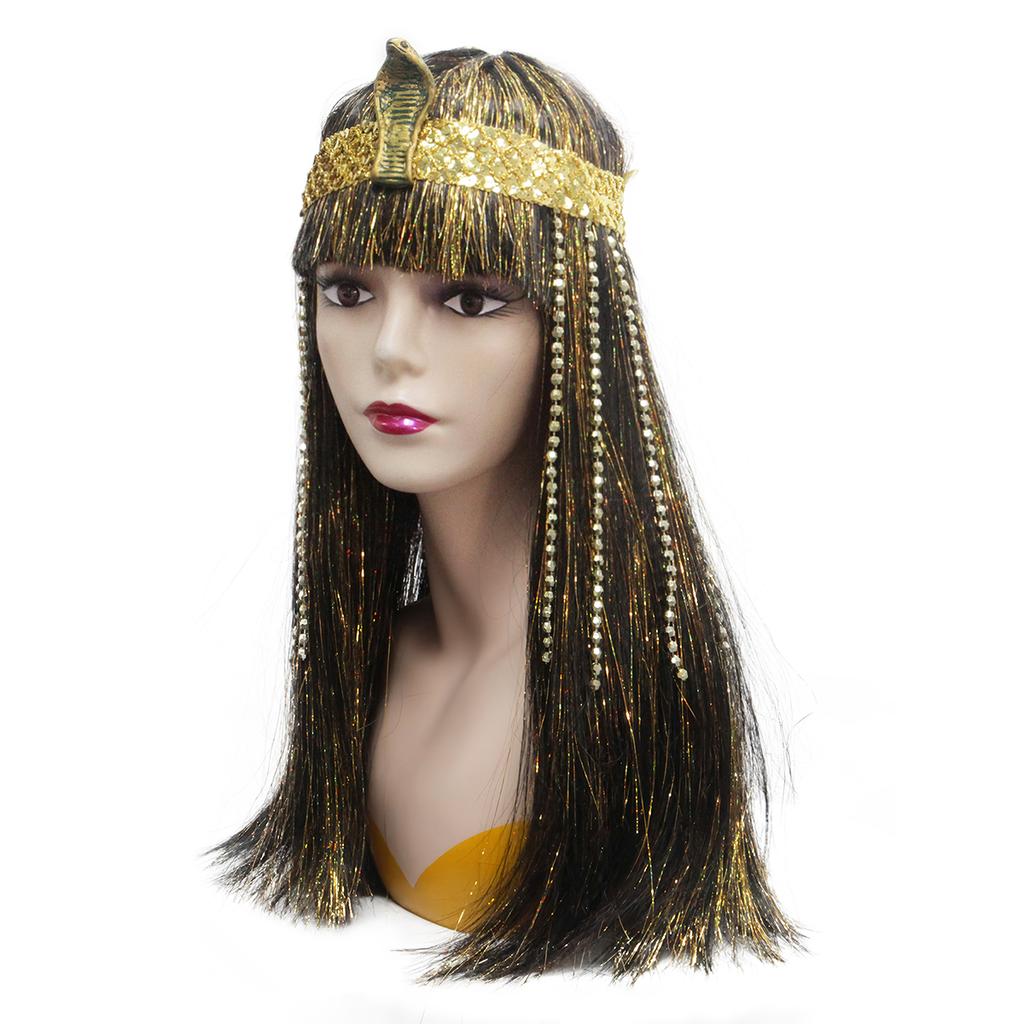 Новый модный косплей-парик египетской царицы - Золотой головной убор в виде змеи, Золотой дождь шелк, Черный длинный прямой синтетический парик
