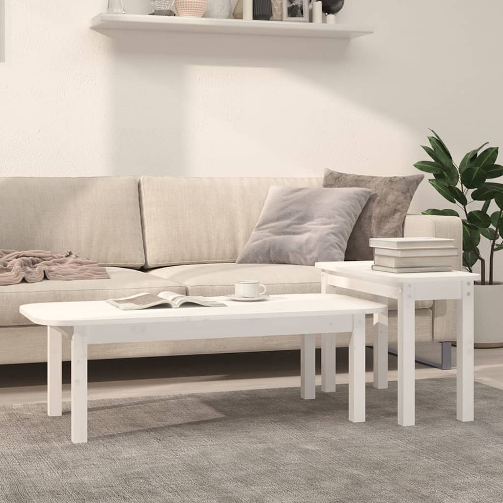 Coffee Table Set, White, 2 Pcs, Solid Pine Wood