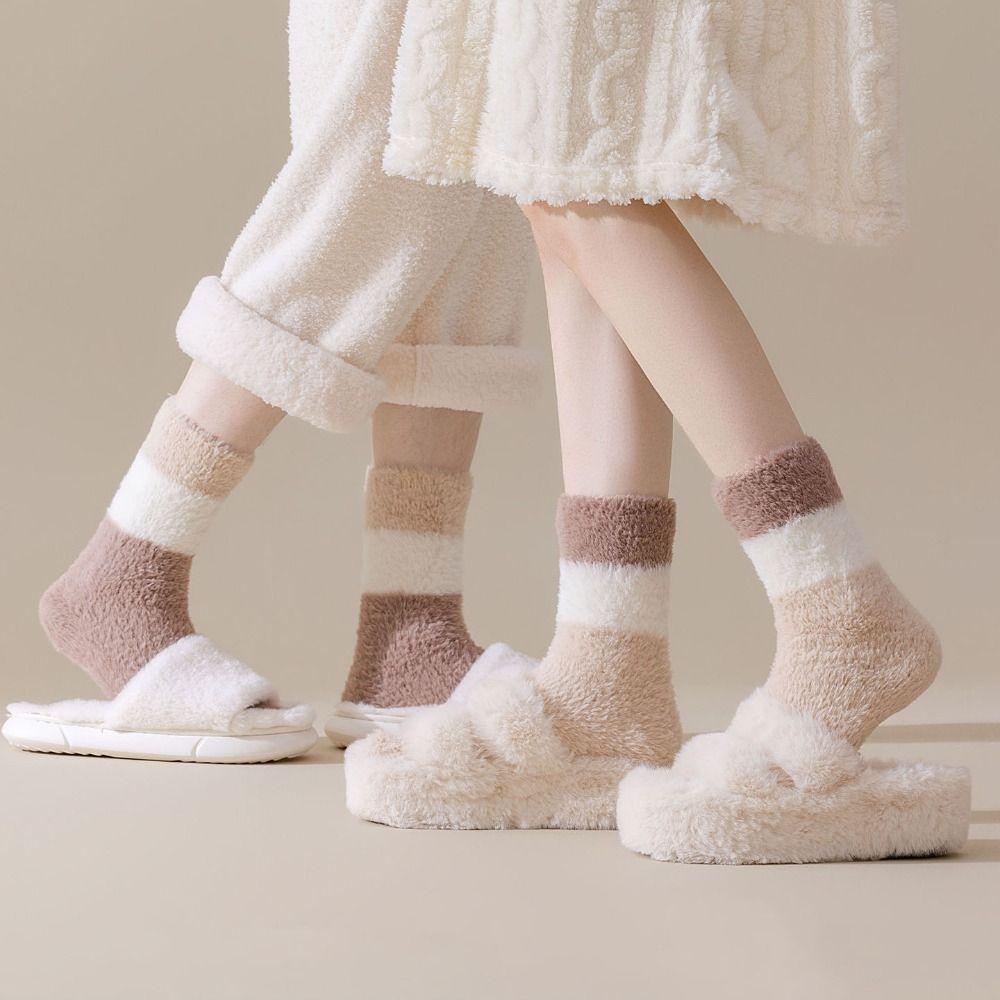 Thicken Warm Coral Fleece Socks Sleeping Winter Floor Plush Socks Stripe Patchwork Hosiery Mid Tube Socks Women Winter