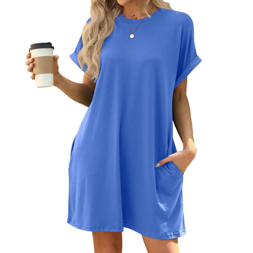2024 Spring/Summer Solid Color Round Neck Pocket Loose Short-Sleeved Dress