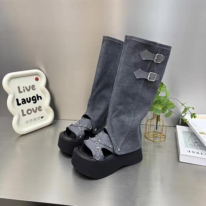 2025 Summer New Women's Cover Heel Sandals Outdoor Buckle Rivet Slip On Knee-High Boots Women Modern Platform Thong Sandals