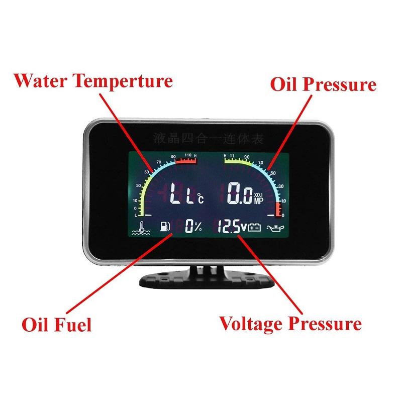Instrument Panel 4in1 Universal LCD Car Digital ALARM Gauge Voltmeter Oil Pressure Fuel Water Temp 12V for Voltimetro Coche