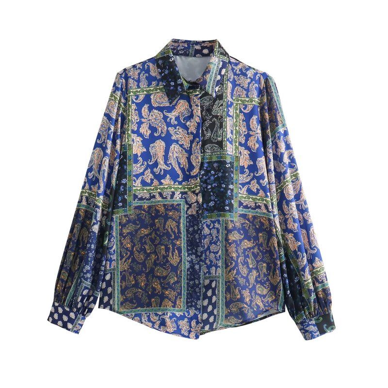 24 Spring New Simple Style Women's Clothing Casual Loose Patchwork Print Silk Satin Texture Shirt 2298073 330