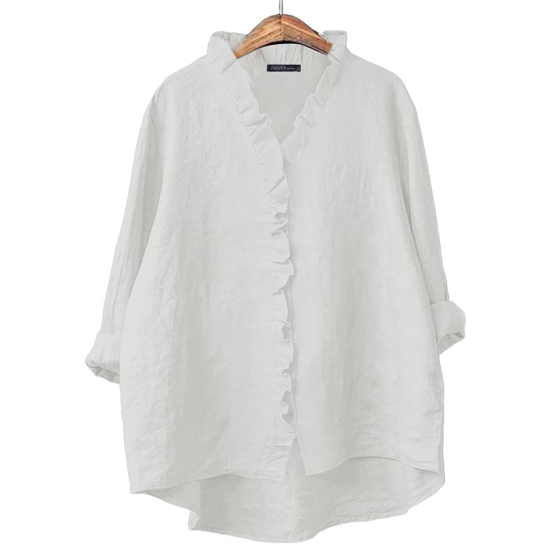 ZANZEA Женская повседневная блузка из хлопка с V-образным вырезом, однотонная, свободного кроя, с длинным рукавом