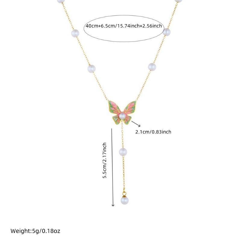 Pearl Butterfly Y-Necklace For Women Gold Plated Stainless Steel Lariat Fashion Jewelry