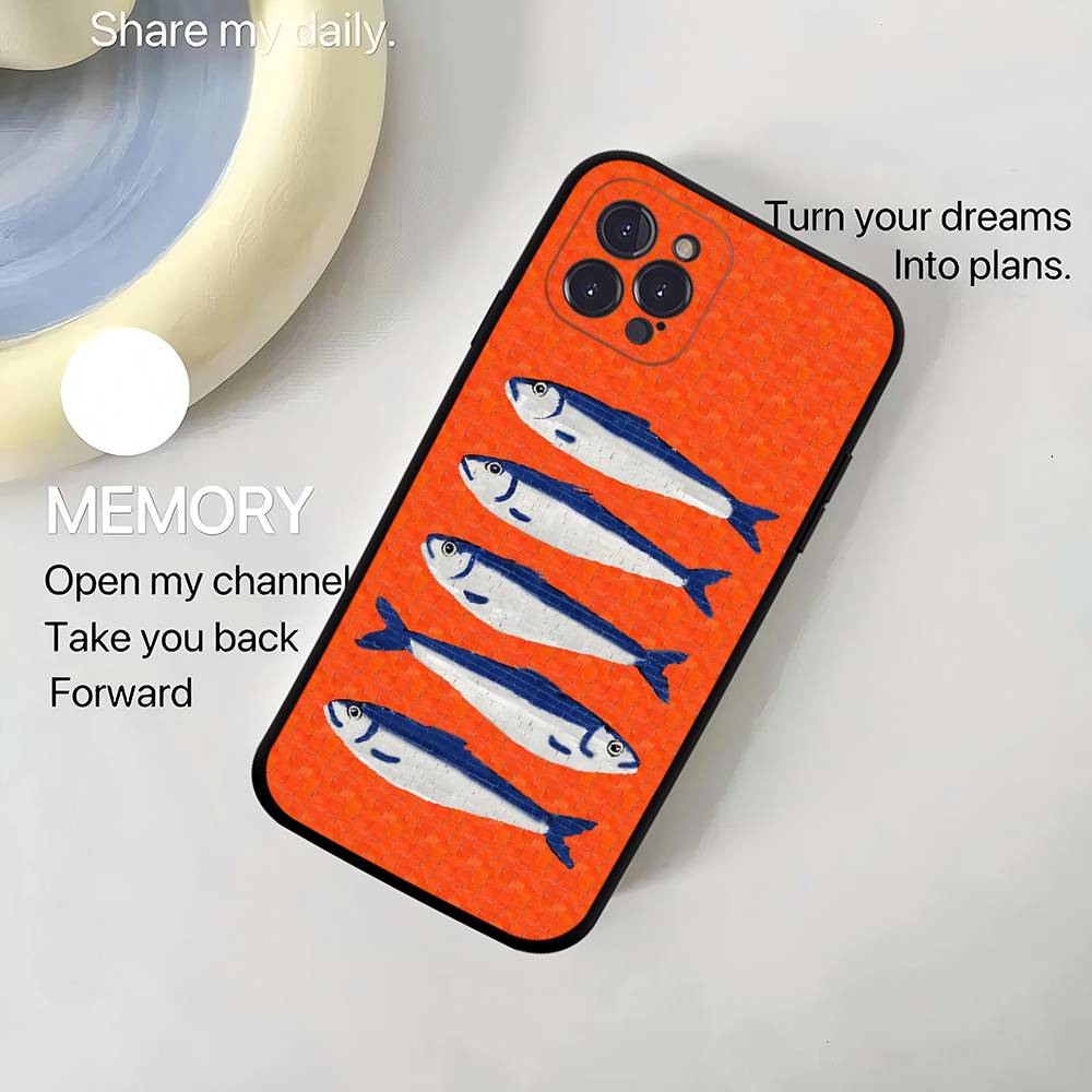 Чехол для телефона 'Сардины' для iPhone 17,16,15,14,13,12,11,Pro,Max,Plus,Mini, Мягкий силиконовый черный чехол