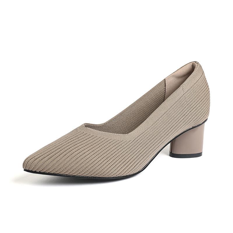Мода 2025 Острый носок Средний каблук Дышащие Удобные Вязаные туфли Женские Неглубокий вырез Массивный каблук Мода Zapatos De Mujer Туфли-лодочки