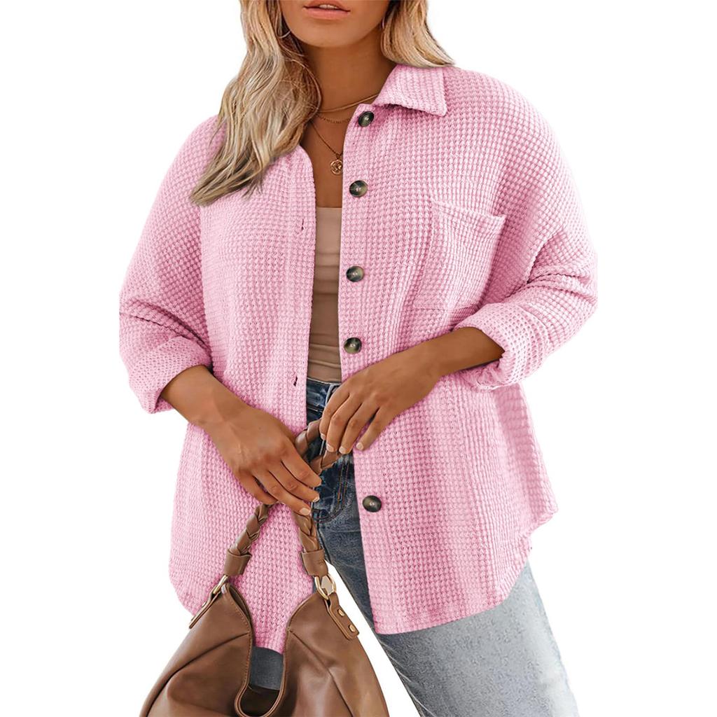 Women's Fashion Button-Up Cardigan Sweatshirt Long-Sleeve Collared Jacket With Pockets Solid Color Outerwear
