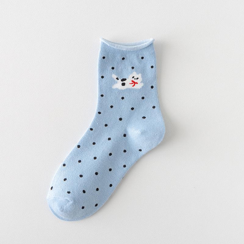 Тонкие носки на весну и осень, милые мультяшные носки до середины икры, носки в горошек с отворотами, длинные носки в школьном стиле