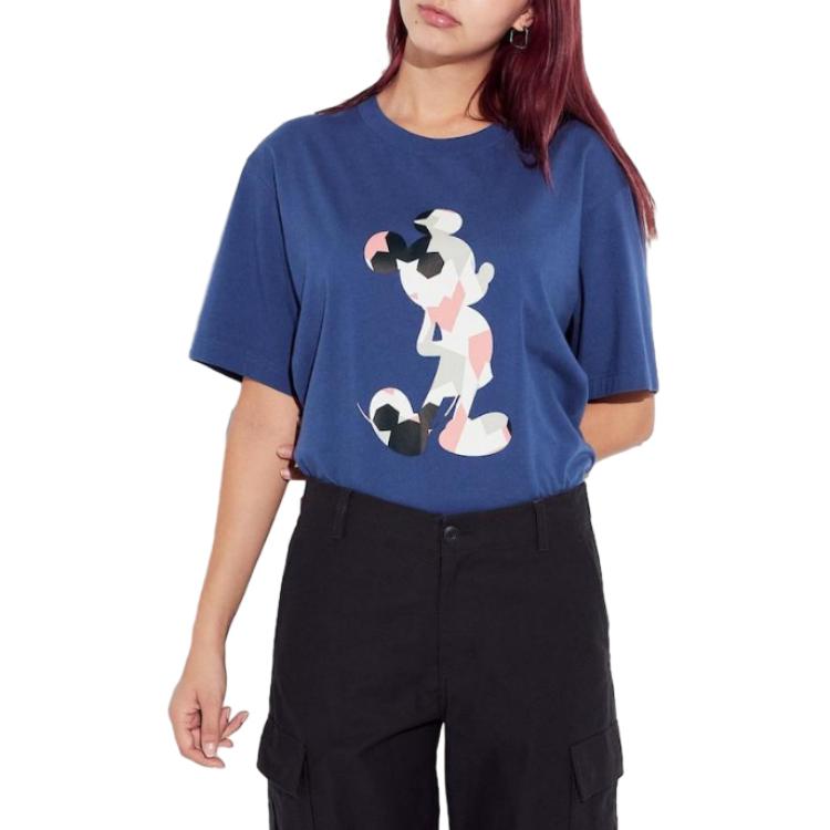 Uniqlo X Коллаборация с Disney Весна/Лето 2024 Серия 'Микки Стоит' Пэчворк Принт Микки Круглый Вырез Короткий Рукав Футболка Унисекс Топы Синий 468896-66
