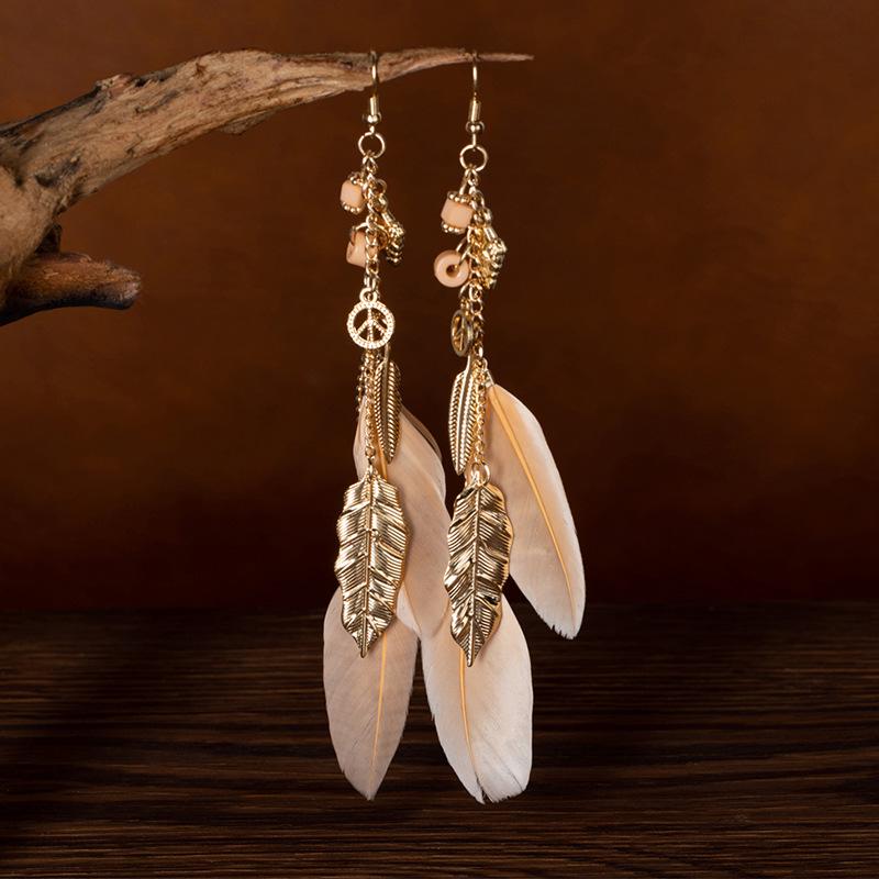 Богемные винтажные серьги с листьями и перьями - этнические серьги-крючки на длинной цепочке для женщин