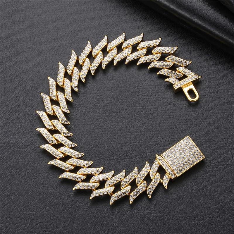 Браслет-цепочка в стиле хип-хоп с кубинскими звеньями и 2 рядами шипов, 15 мм, Aaa +Iced Out, со стразами из сплава, для мужчин и женщин, ювелирные изделия