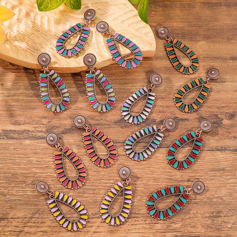 Vintage Colorful Bohemian Enamel Drop Dangle Earrings For Women Boho Hollow Geometric Ethnic Retro Stud Jewelry Female Earrings