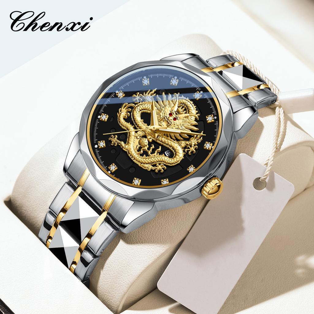 Chenxi Роскошные кварцевые часы с рельефным золотым драконом, мужские часы, оригинальный дизайн, водонепроницаемые, кварцевый механизм, стрелки часов