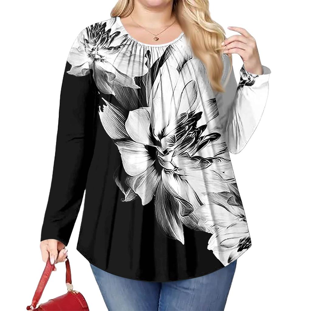 Women's Plus Size Fashion Printed Casual Pleated Round Neck Long Sleeve Top