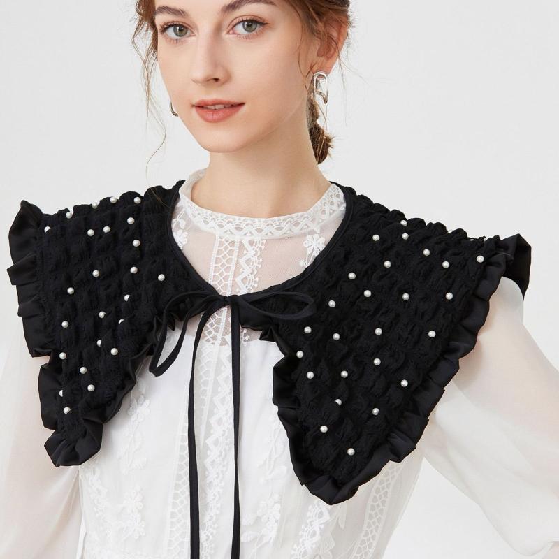 Women Girls Vintage Lolita False Fake Collar Shawl Sweet Ruffles Lace-Up Bow Decorative Necklace Choker Short Poncho