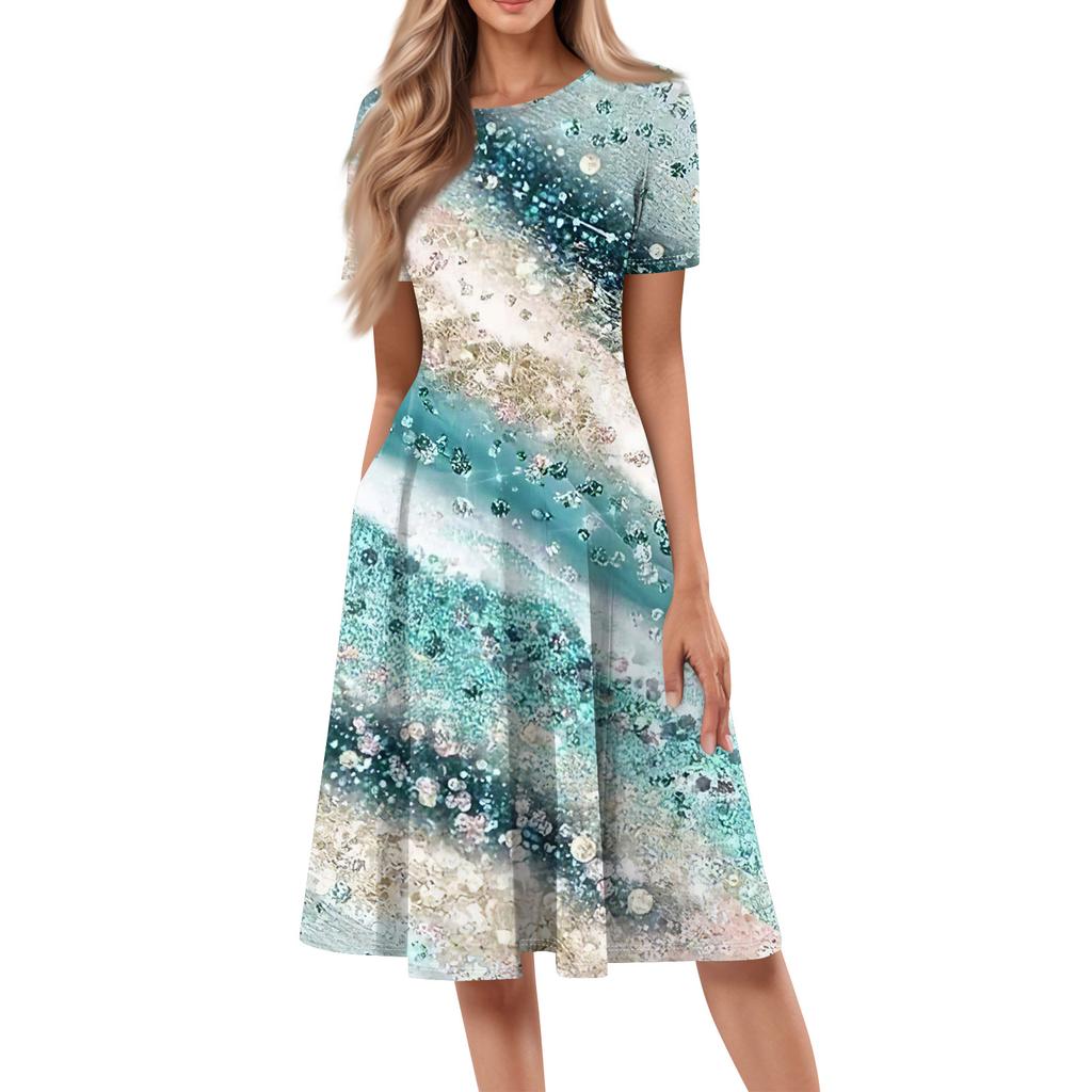 Женское повседневное платье с принтом, круглым вырезом и длинным рукавом