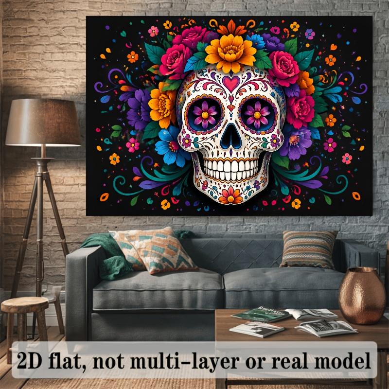 2D planar theme background fabric for Halloween sugar skulls, decorated with various colorful floral patternszyc