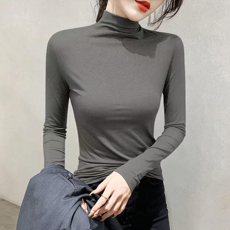 Women's Autumn/Winter Slim Fit T-Shirt: Warm Pure Color Half-Turtleneck Long Sleeve Base Layer