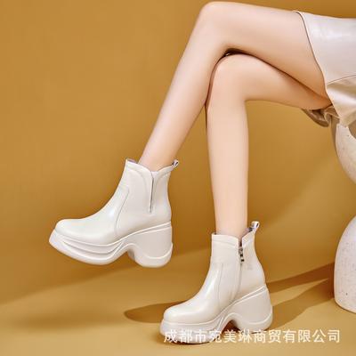 Осенне-зимние новые женские кожаные ботинки Мартин на толстой подошве с круглым носком, водонепроницаемые на толстом каблуке, с V-образным вырезом и боковой молнией, короткие ботинки на супервысоком каблуке