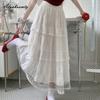 Japanese Mori Girl Spring Summer Women White Midi Skirt High Waist Lace Patchwork Ruffles Tiered Skirts Womens