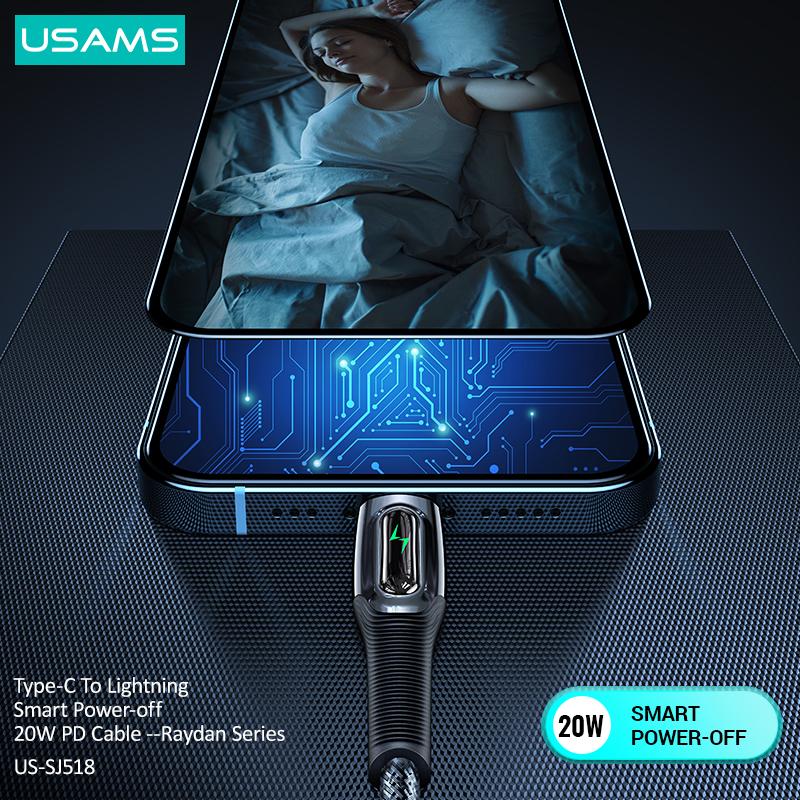 USAMS Кабель Type-C для Lightning Smart Power-Off, 20 Вт, PD, быстрая зарядка для iPhone 12, 11 Pro Max, кабель для ipad air mini, кабель для передачи данных