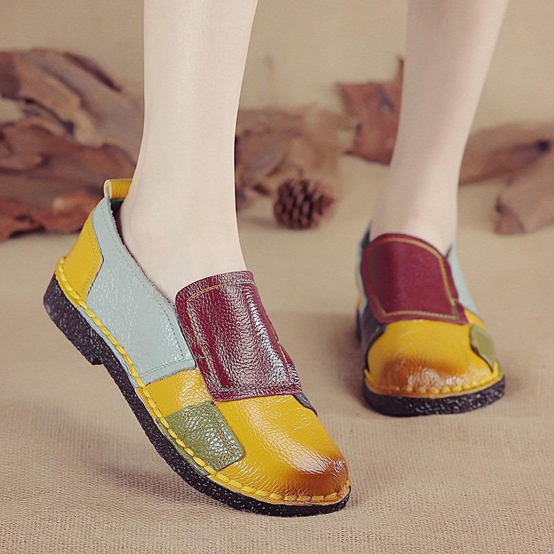 New Flat-soled Women's Shoes Leather Casual Color Matching Women's Single Shoes Medium and Large Size Shoes