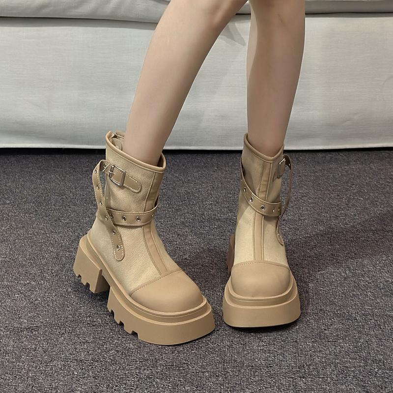 Мода Винтаж Зимние женские мотоциклетные ботинки Модные платформы Толстый каблук Короткие ботинки Повседневная женская обувь с пряжкой на ремне