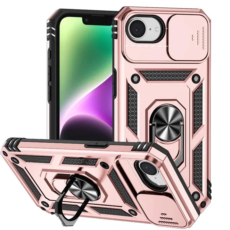 Бронированный чехол для iPhone 16e 16 15 14 13 12 11 Pro Max Plus Чехол Сдвижная защита камеры Защитное кольцо Держатель Ударопрочная крышка