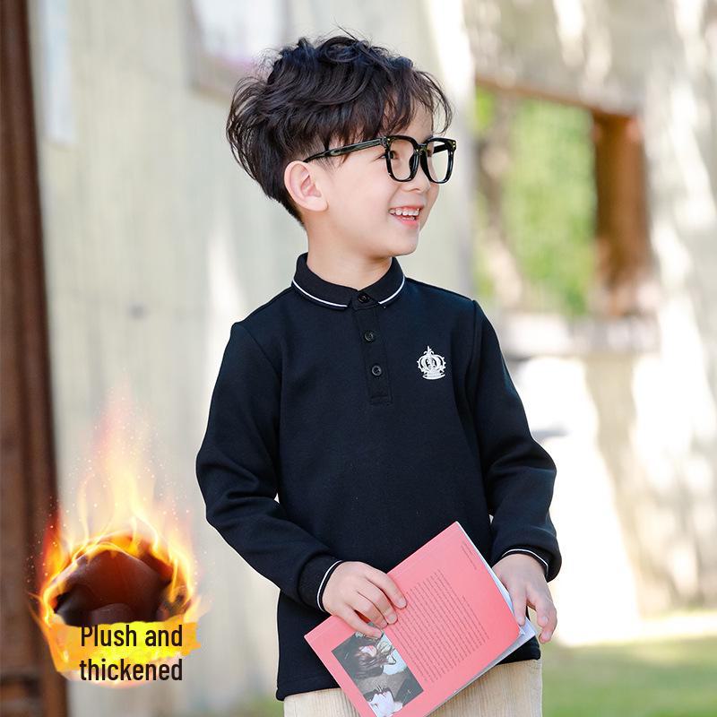 Boys' Long-Sleeve Velvet Polo Shirt - White School Uniform for Older Children In Winter