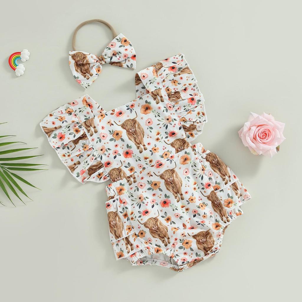 Одежда в стиле вестерн для маленьких девочек, комбинезон с принтом коровы, комбинезон без рукавов с рюшами, боди, повязка на голову, наряд для детской пастушки