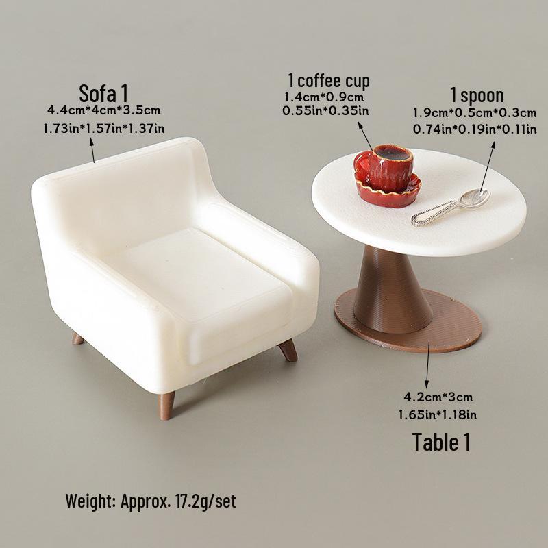 Handmade Mini Dollhouse Table & Sofa Ornament with DIY Coffee Cup & Spoon Accessories