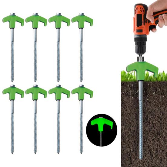 8Pcs Tent Stakes Heavy-Duty Metal Camping Stakes Threaded Anchors Set Up with Drill Hammer Superior Grip Tent Pegs On