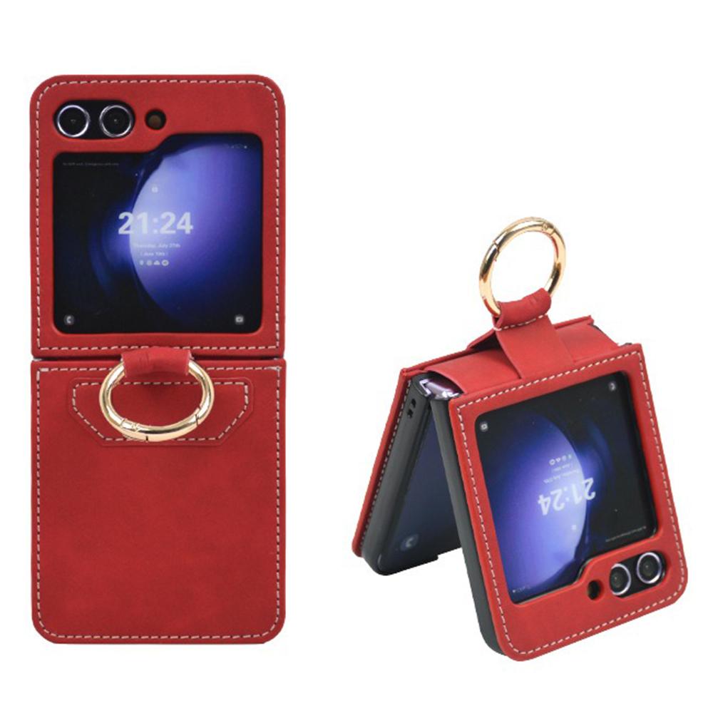 For Samsung Galaxy Z Flip5 5G Case Leather Coated PC Phone Cover with Ring Kickstand