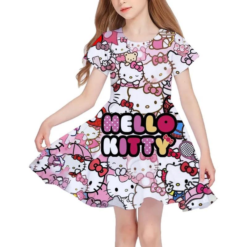 Летнее Новое Платье для Девочек с Коротким Рукавом Hello Kitty 3D Принт Детская Юбка-Рыбка Повседневное