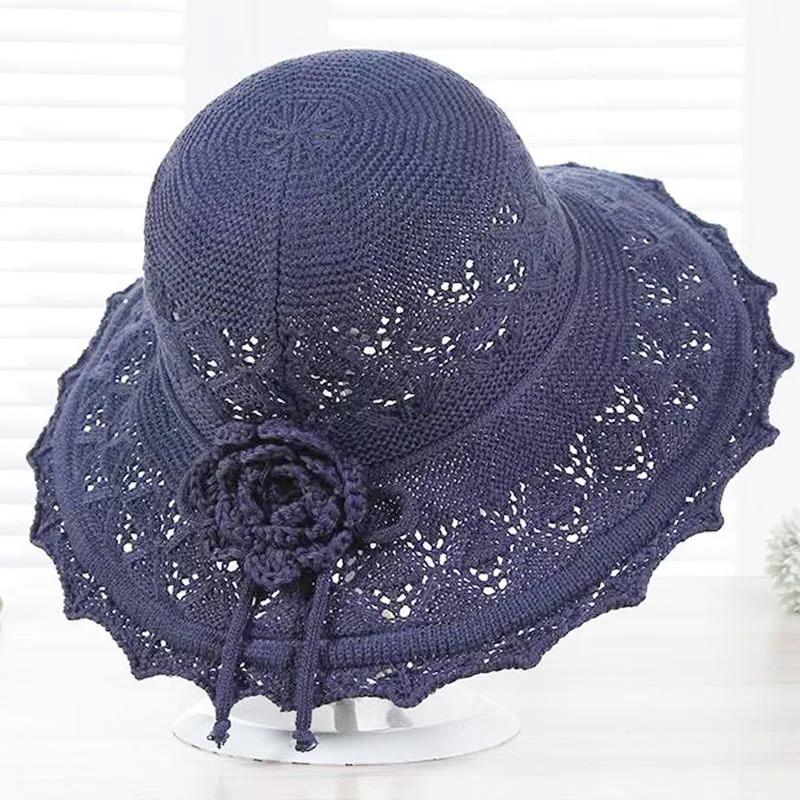 WTEMPO Women's Spring Summer Versatile Solid Color Flower Sun Hats Wide Brim Breathable Foldable Beach Flower Knitted Hats