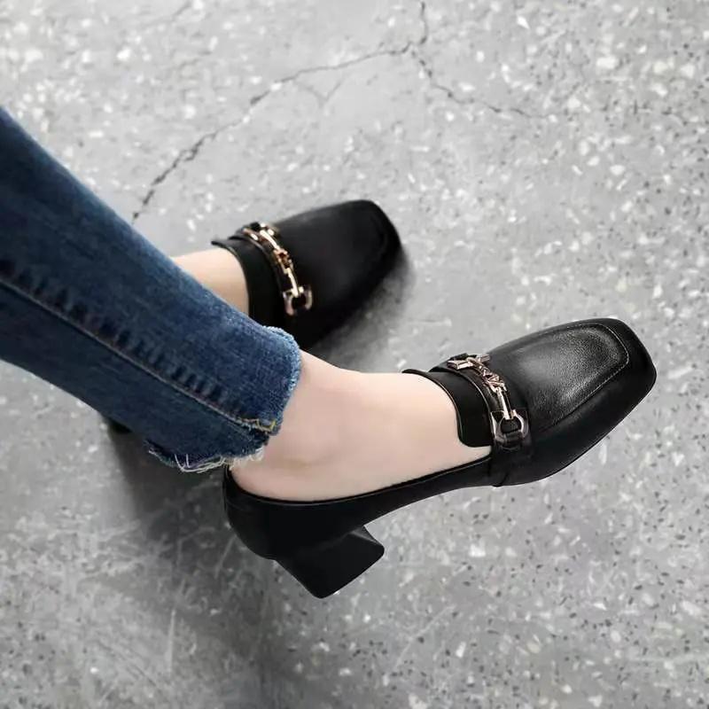 Женская обувь модная женская с круглым носком черная высокое качество весенние туфли на квадратном каблуке женские повседневные офисные карьерные туфли ga248