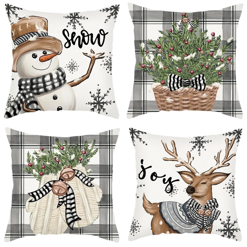 4 Set Christmas Cushion Cover Pillowcase 45cm Xmas Reindeer Snowman Cushion Covers Decorations for Home Ornament New Year Decor