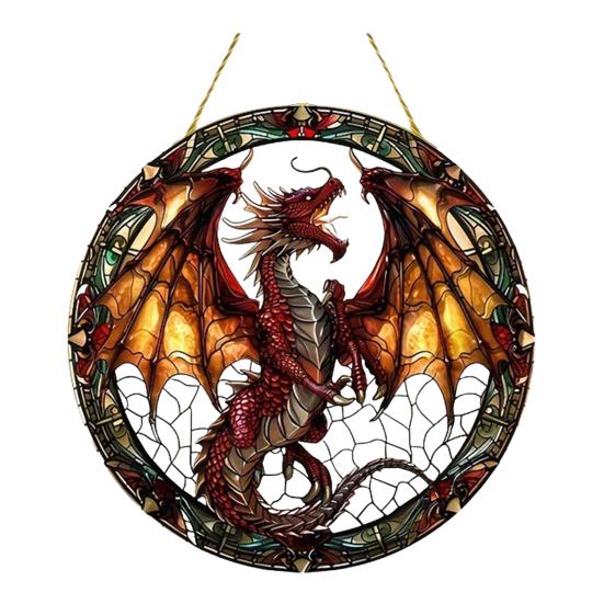 Window Hanging Pendant with Lanyard Realistic Dragon Printing Round Shape Sun Catcher Home Office Garden Decoration Panel Pendant