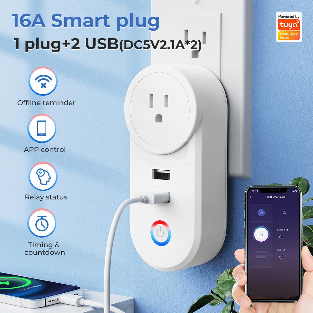 Tuya Wi-Fi Smart Usb розетка Us Plug 16a адаптер для зарядки голосового синхронизации приложение Smart Life электрическое для Google Home Alexa