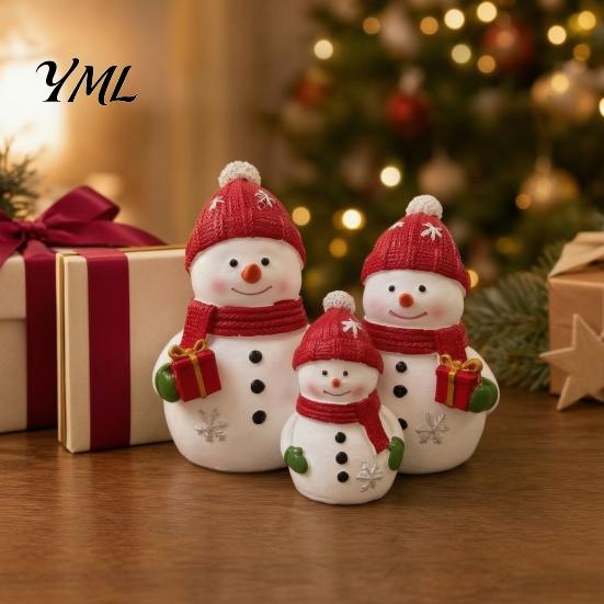 Seasonal Home Decor Christmas Resin Snowman Figurine, Cute Family of 3 Statue with Santa Unique Presents Hat, Red Scarf, Holiday Tabletop Ornament for
