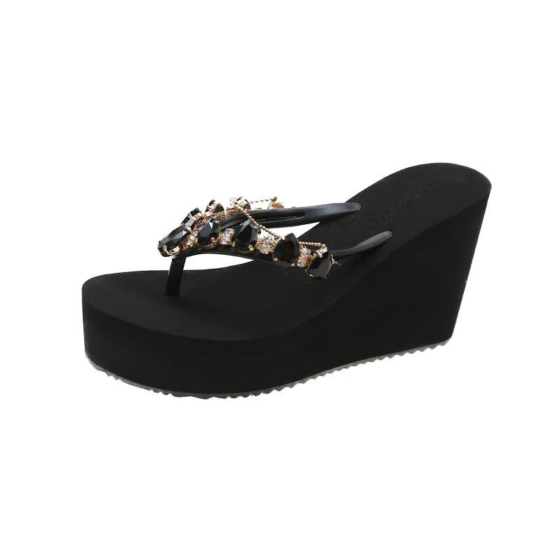 Летние новые шлепанцы на высоком каблуке женские со стразами на танкетке с клиновидным носком элегантные модные пляжные сандалии и тапочки шлепанцы