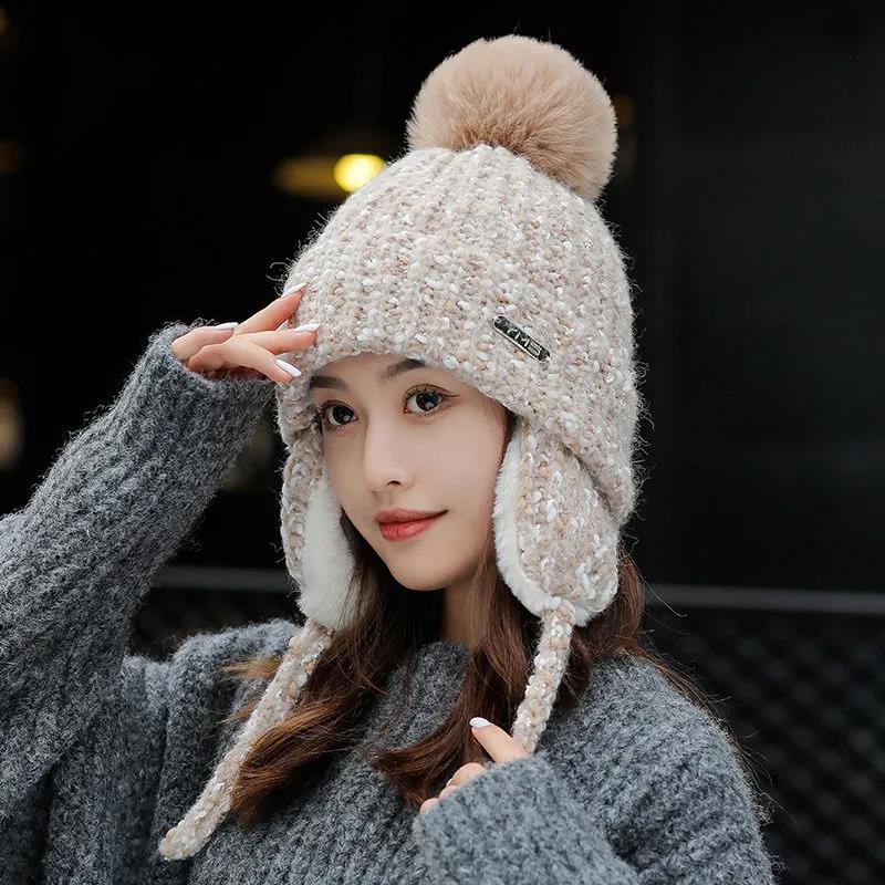 Шерстяная шапка женская зимняя, теплая и для отдыха, плюс бархатные толстые наушники. Милая и универсальная морозостойкая вязаная шапка для езды на велосипеде Lei Feng.